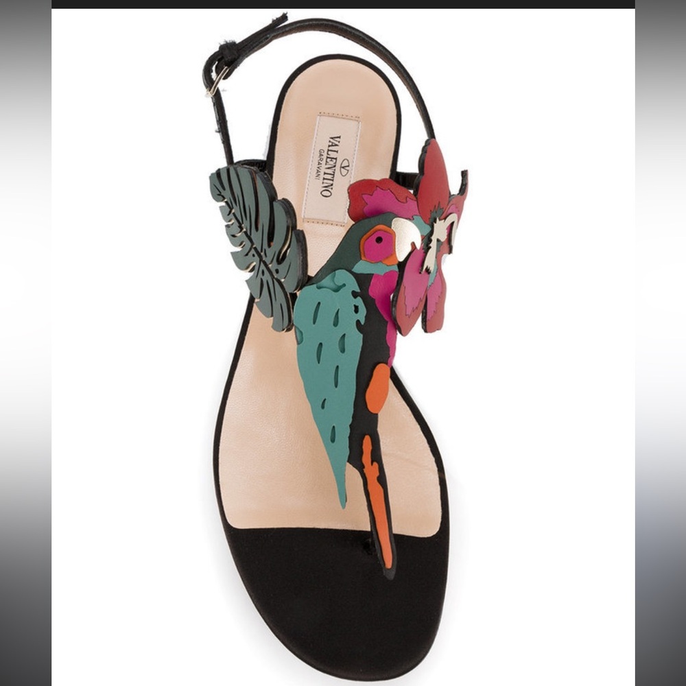 Valentino Garavani Black and Red Sandals with a bird, flower and leaf design EUC